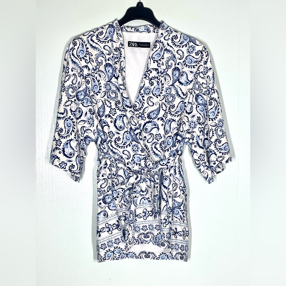 ZARA WOMAN BELTED PARSLEY PRINTED LINEN BLEND KIMONO JACKET BLUE WHITE Sz M-L